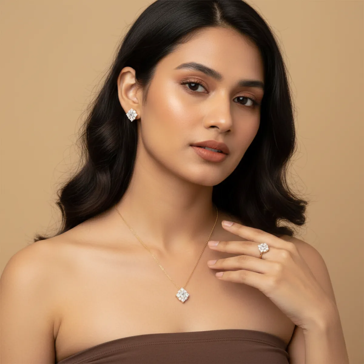 18K Gold-Plated Clear Zircon Cluster Jewelry Set - Image 2