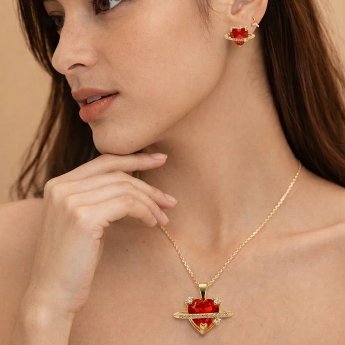 Red Heart Zircon Jewelry Set
