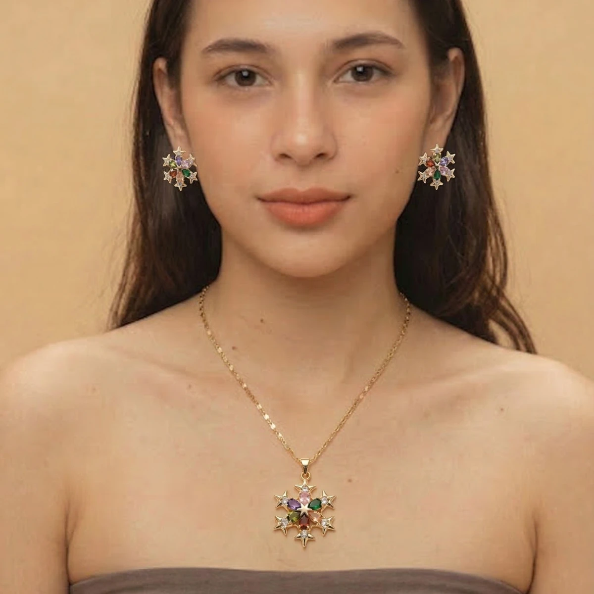 18K Gold-Plated Crystal Multi Color Zircon Jewelry Set - Image 2