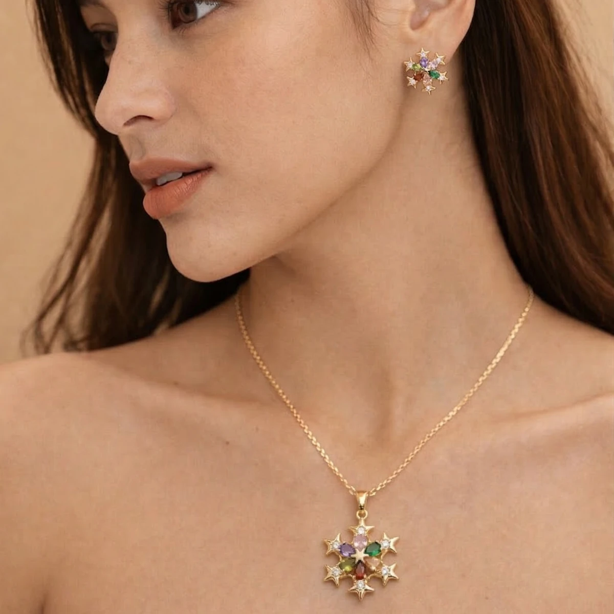 18K Gold-Plated Crystal Multi Color Zircon Jewelry Set - Image 3