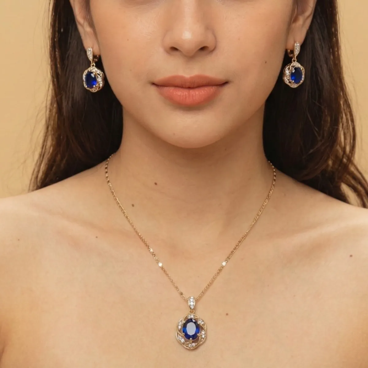 18K Gold-Plated Blue Zircon Cluster Complete Jewelry Set - Image 3