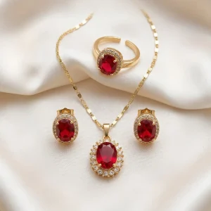 18K Gold-Plated Red Zircon Halo Jewelry Set