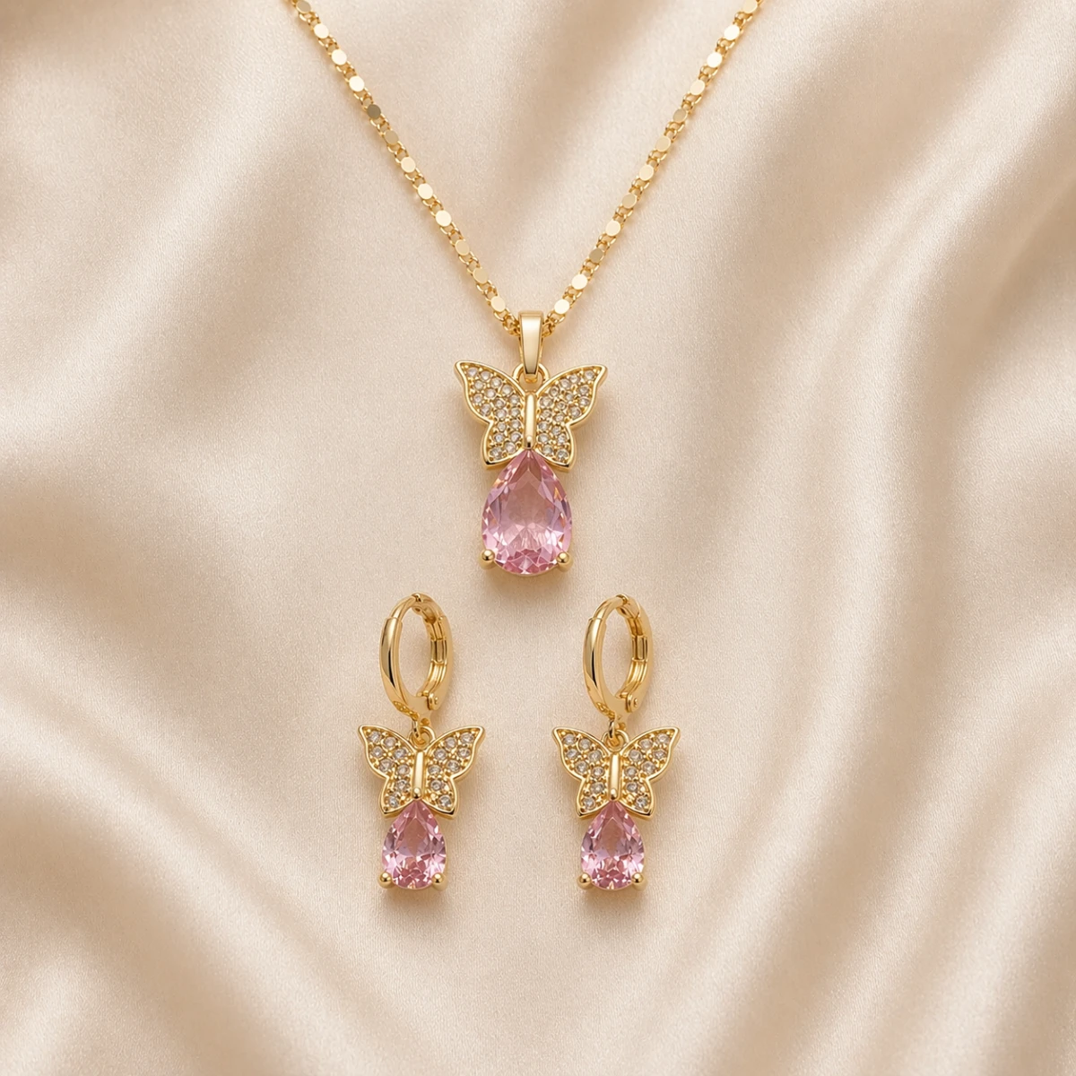 Light Pink Butterfly Zircon Jewelry Set
