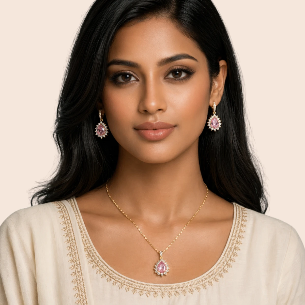 Pink Tear Drop Zircon Jewelry Set