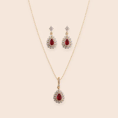 18K Gold-Plated Royal Red Ruby & Diamond-Cut Zircon Jewelry Set