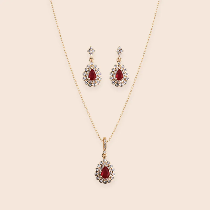 18K Gold-Plated Royal Red Ruby & Diamond-Cut Zircon Jewelry Set