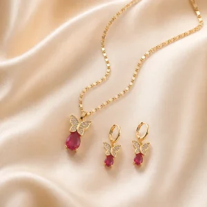 18K Gold-Plated Red Butterfly Zircon Jewelry Set