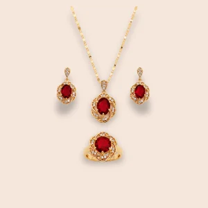 18K Gold-Plated Floral Ruby Red Zircon Jewelry Set