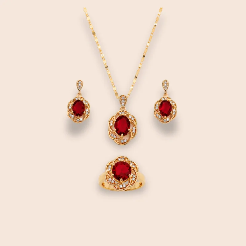 18K Gold-Plated Floral Ruby Red Zircon Jewelry Set