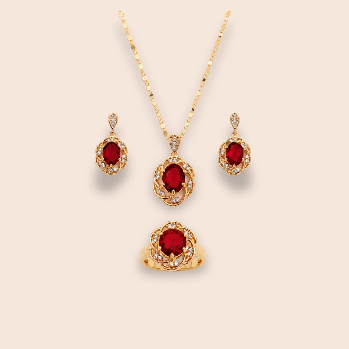 18K Gold-Plated Floral Ruby Red Zircon Jewelry Set