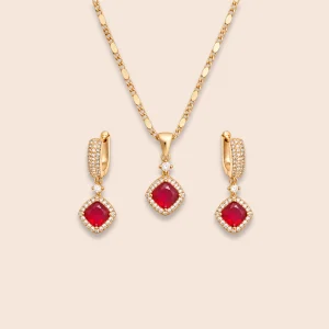 18K Gold Plated Cushion Red Zircon Jewelry Set