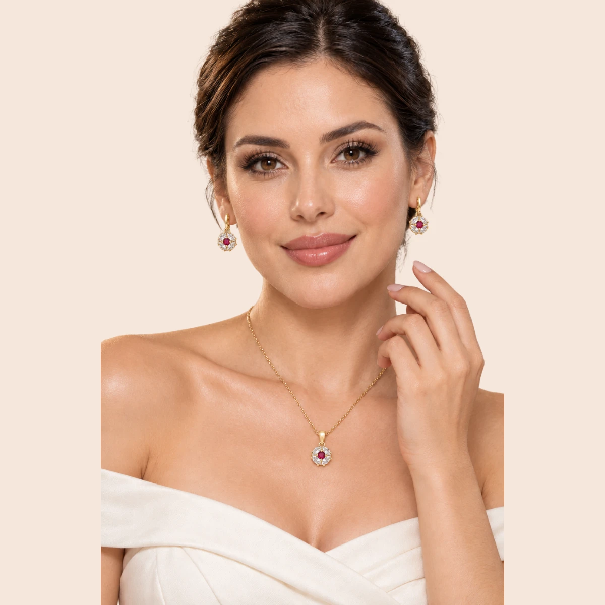 18K Gold Plated Round Red Zircon Jewelry Set - Image 2