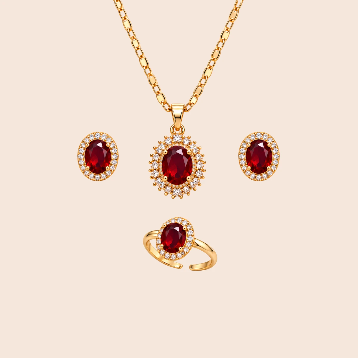 18K Gold Plated Halo Red Zircon Jewelry Set