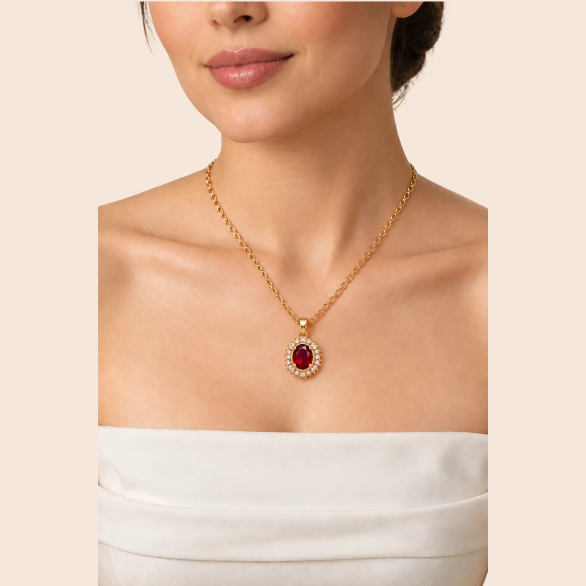 18K Gold Plated Halo Red Zircon Jewelry Set - Image 3