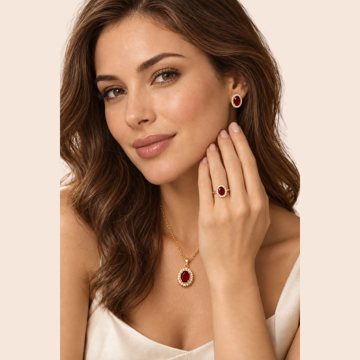 18K Gold Plated Halo Red Zircon Jewelry Set - Image 5