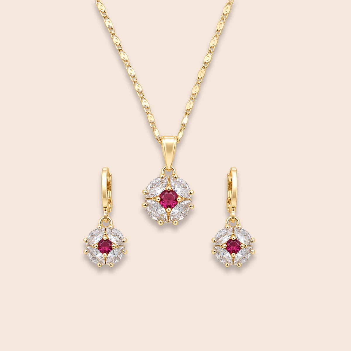 18K Gold Plated Round Red Zircon Jewelry Set